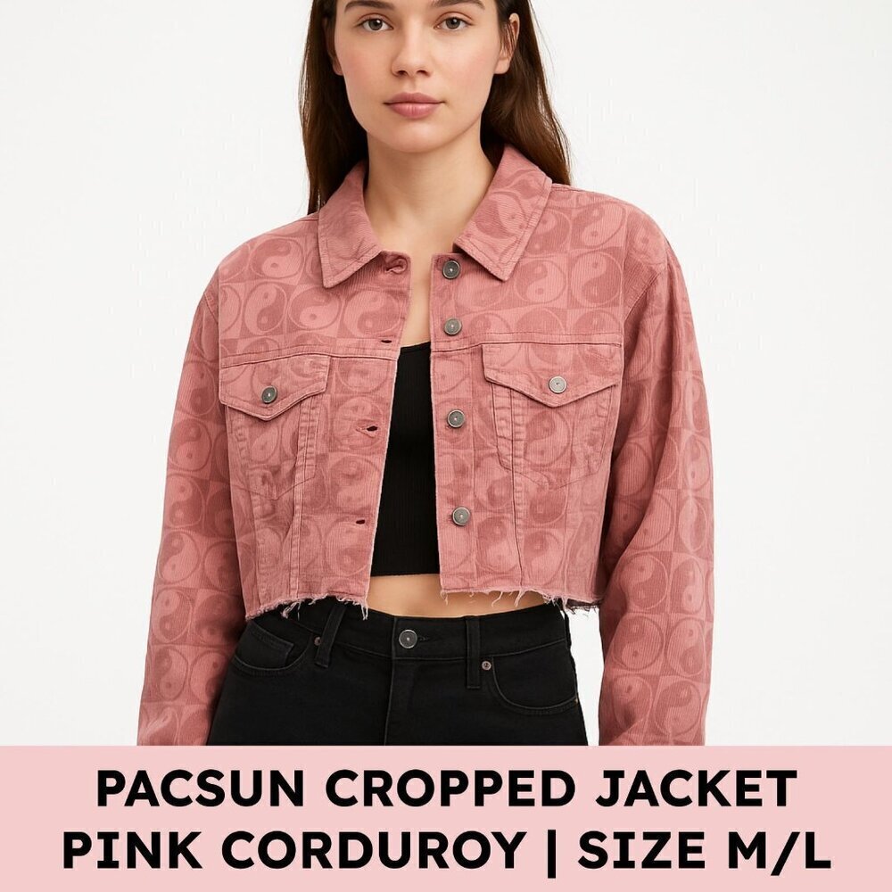 PacSun Cropped Corduroy Yin Yang Jacket Raw Hem Y2K Indie Sleaze Pink M/L - Picture 12 of 12